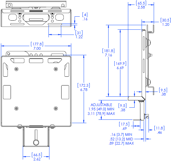 Technical Drawing for Chief PAC261W DMP Wall Mount with Power Brick Adapter