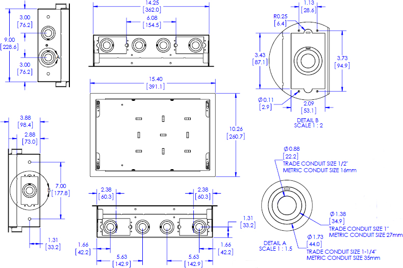 Technical Drawing for Chief PAC525F or PAC525FW In-Wall Storage Box with Flange