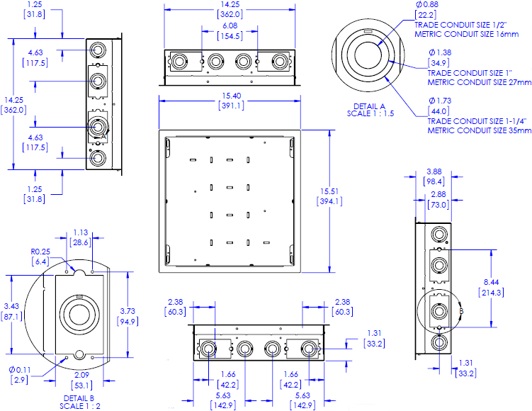 Technical Drawing for Chief PAC526F Large In-Wall Storage Box with Flange