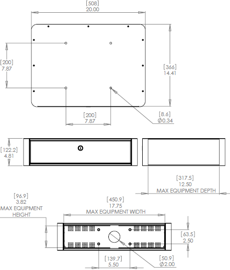 Technical Drawing for Chief PAC730A or PAC730B or PAC730C Secure Storage Shelf