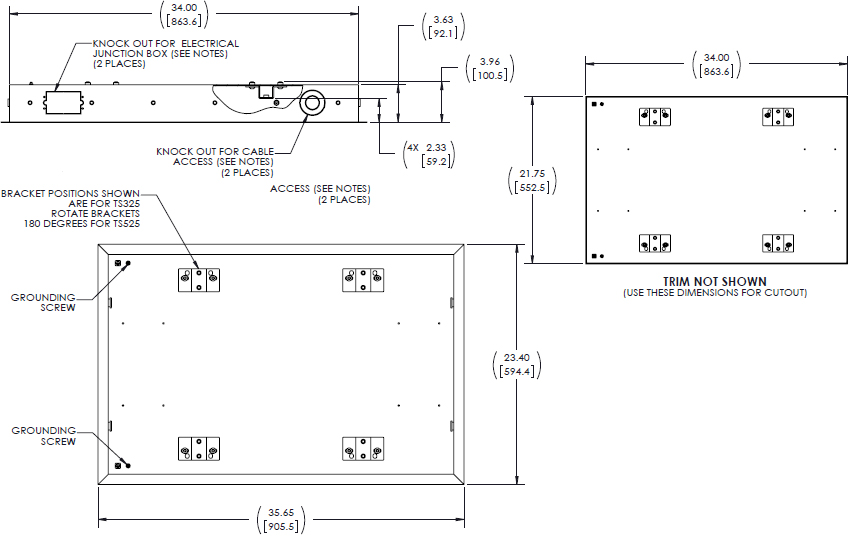 Technical Drawing for Chief TA500 Large Thinstall In-Wall Swing Arm Accessory