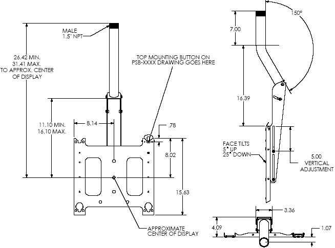 Technical Drawing of Chief PCM2000 Large Ceiling Mount with Angled Column