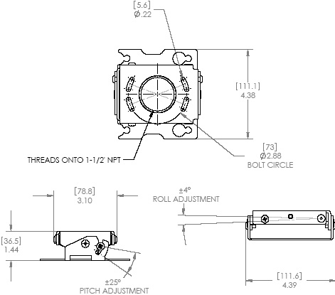 Technical Drawing of Chief RSAUW or RSAUS Mini Universal RPA Projector Ceiling Mount