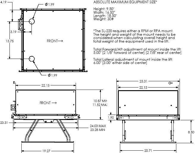 Technical Drawing of Chief SL220 Smart Lift Lightweight Automated Projector Lift