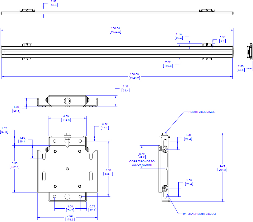 Technical Drawing for Chief FCAB3X1U Large Ceiling Back-to-Back 3x1 Add on Accessory