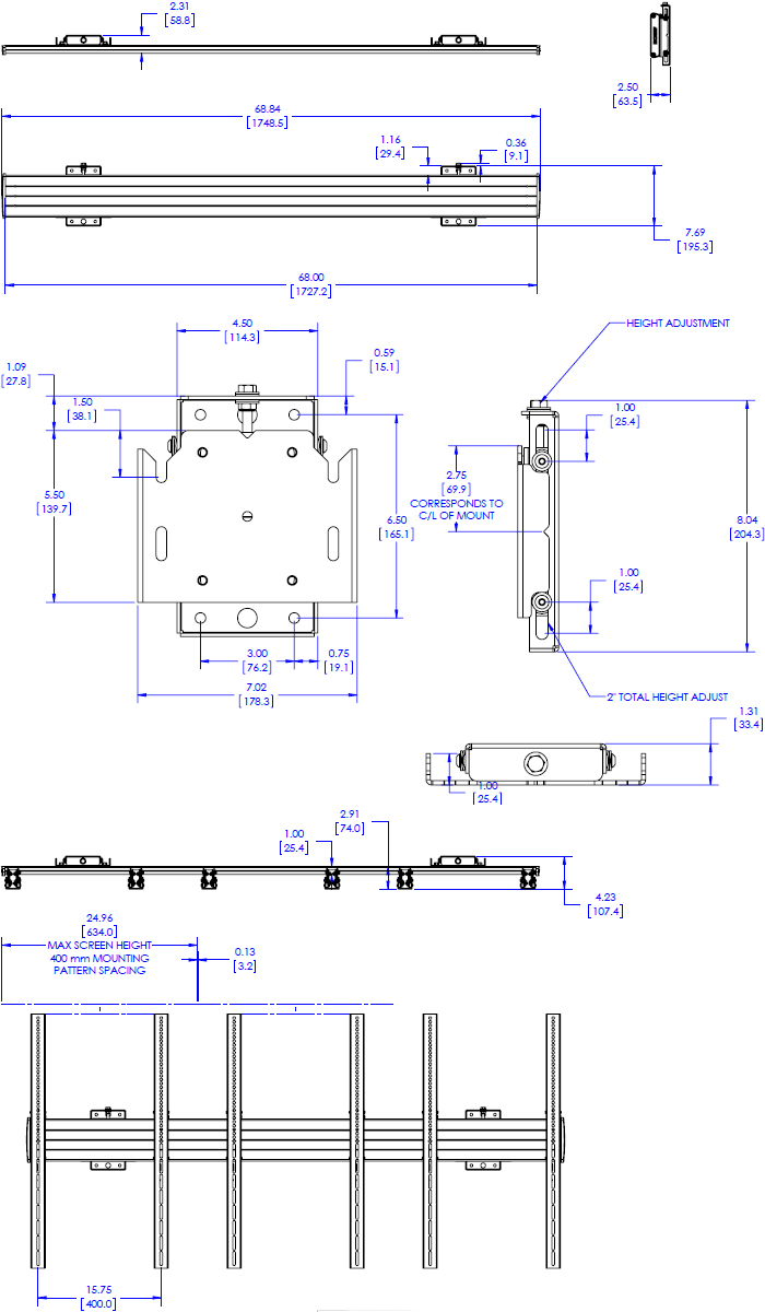 Technical Drawing for Chief FCAB3X1UP Large Ceiling Back-to-Back Portrait Accessory