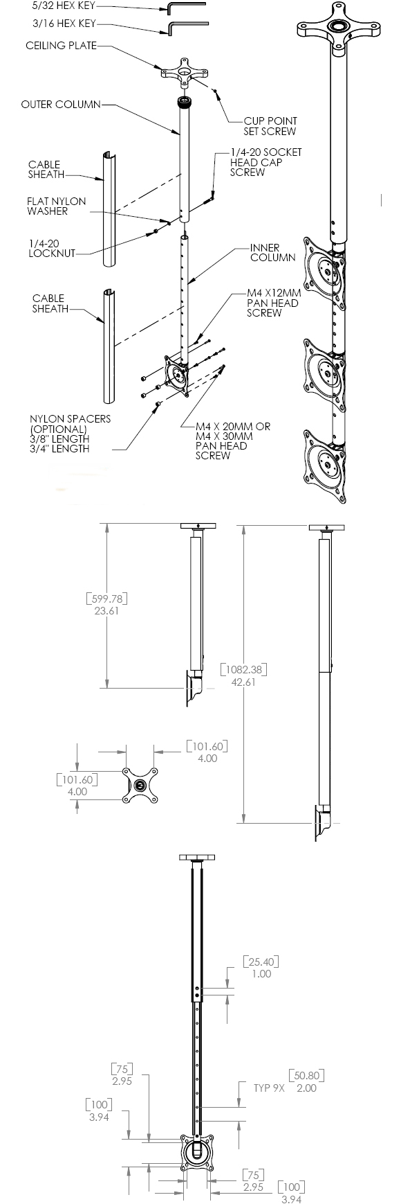 Technical Drawing for Chief FHP110B Small Ceiling Mount Kit