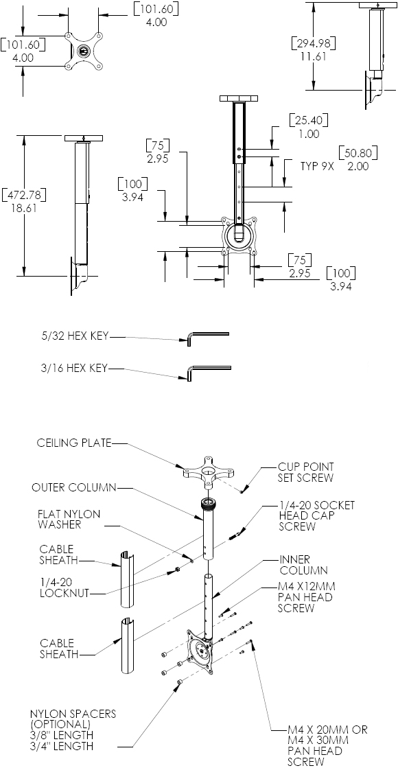 Technical Drawing for Chief FHP18110 Small Ceiling Mount Kit