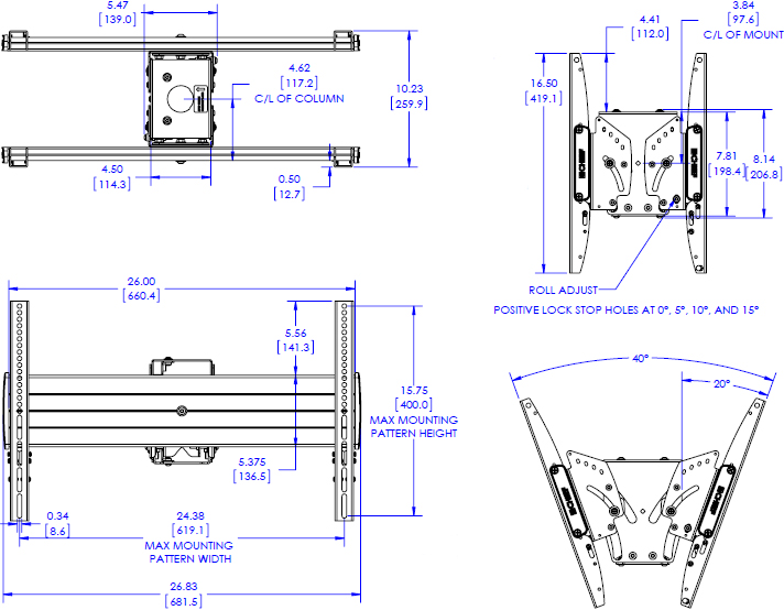 Technical Drawing for Chief LCB1U FUSION Large Back-to-Back Display Ceiling Mount