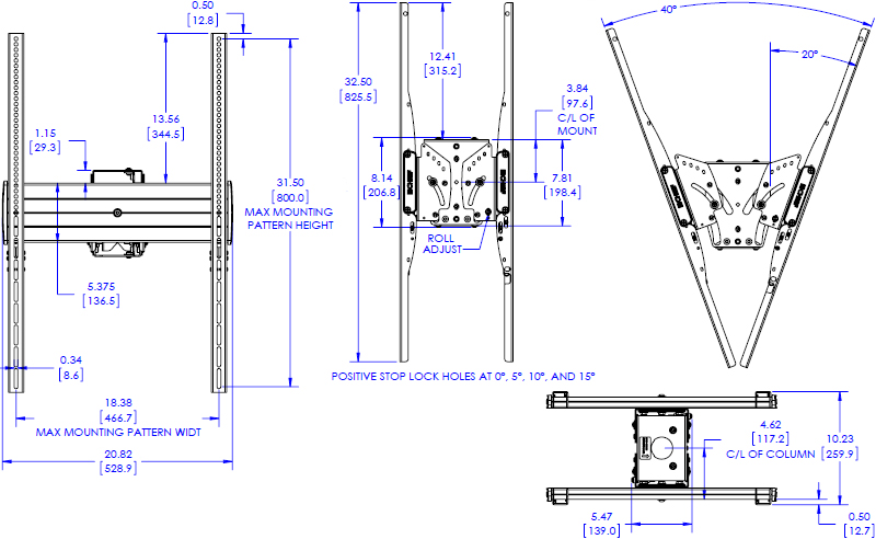 Technical Drawing for Chief LCB1UP FUSION Large Portrait Back-to-Back Ceiling Mount