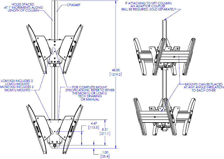 Technical Drawing for Chief LCB1X2U Fusion Large Back-to-Back Stacked Ceiling Mount