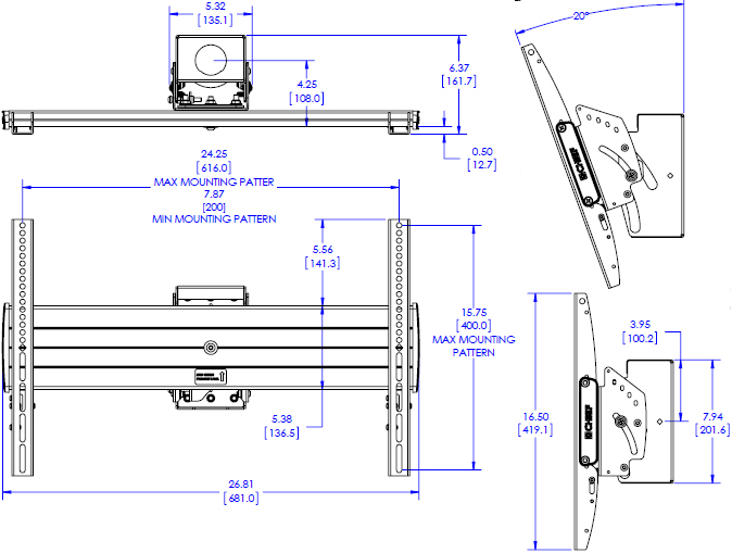 Technical Drawing for Chief LCM1U FUSION Large Single Flat Panel Ceiling Mount