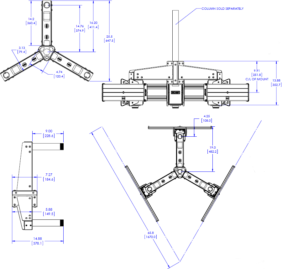 Technical Drawing for Chief LCM3U Large Ceiling Multi-Directional Triple Mount System