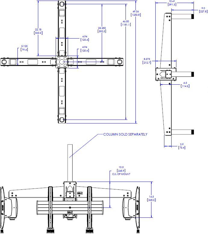 Technical Drawing for Chief LCM4U Large Ceiling Multi-Directional Quad Mount System