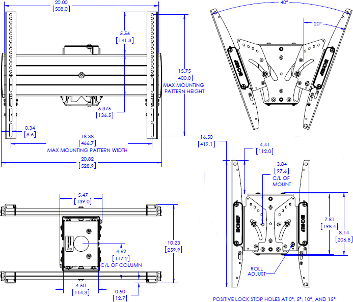 Technical Drawing for Chief MCB1U FUSION Medium Back to Back Display Ceiling Mount