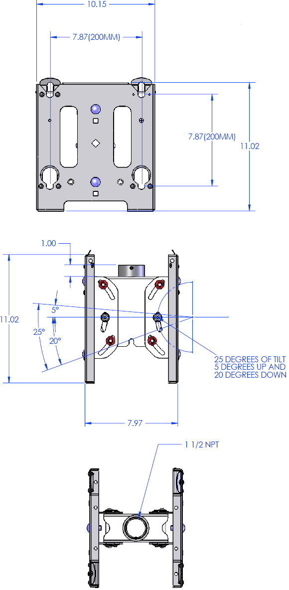 Technical Drawing for Chief MCDV Universal VESA Dual Ceiling Mount