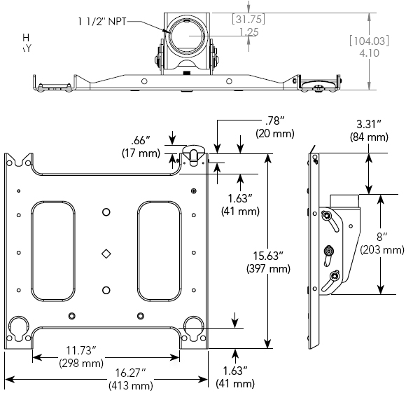 Technical Drawing for Chief PCSU Ceiling Mount for large Flat Panel Display