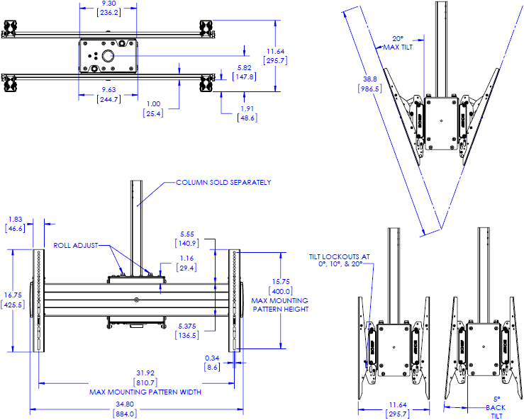 Technical Drawing for Chief XCB1U X-Large Single Pole Back to Back Ceiling Mount