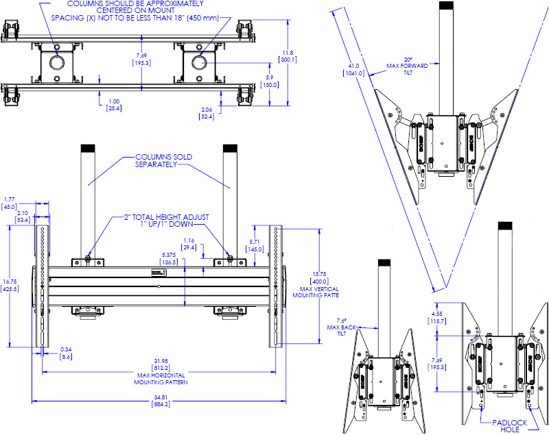 Technical Drawing for Chief XCB7000 X-Large Dual Pole Back to Back Ceiling Mount