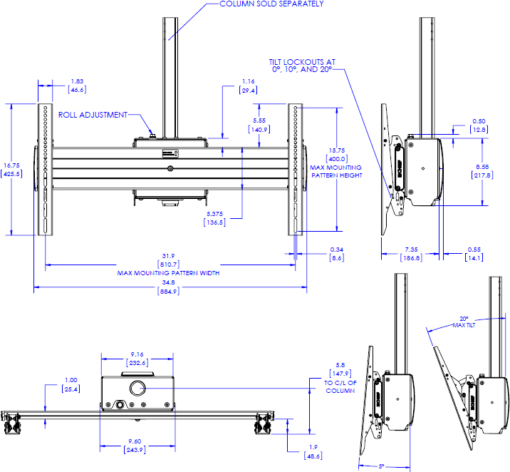 Technical Drawing for Chief XCM1U FUSION X-Large Single Pole Flat Panel Ceiling Mount