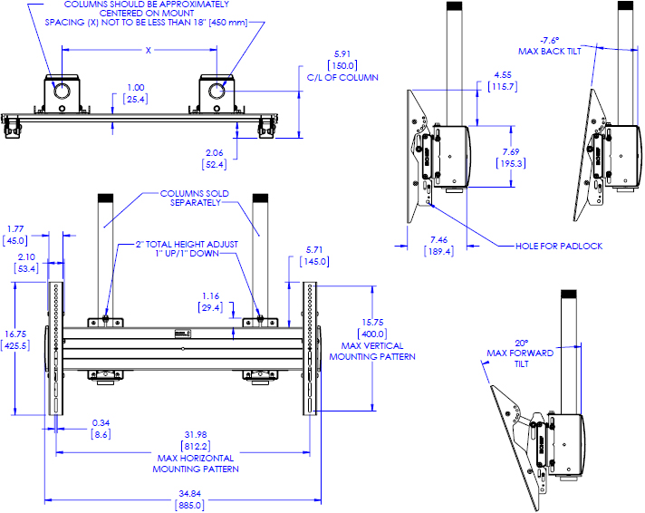 Technical Drawing for Chief XCM7000 FUSION X-Large Dual Pole Flat Panel Ceiling Mount