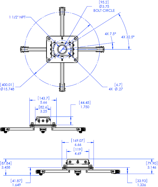 Technical Drawing for Chief RPAUS or RPAUW Universal Projector Ceiling Mount