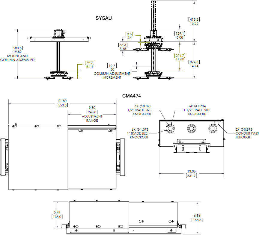 Technical Drawing for Chief SYS474UB Suspended Ceiling Projector System with Storage