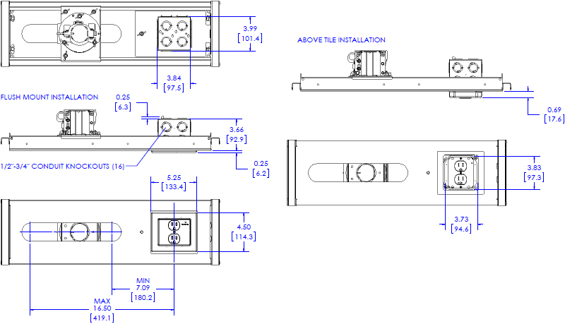 Technical Drawing for Chief SYSAUBP2 Suspended Ceiling Projector System, 2-Gang Filter & Surge