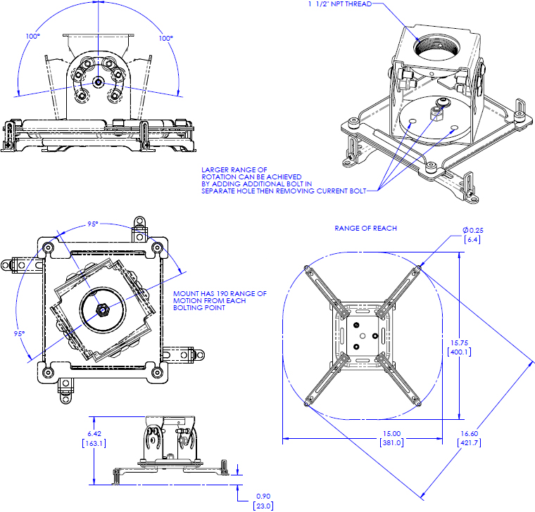 Technical Drawing for Chief VPAUB or VPAUW Vertical & Portrait Projector Mount