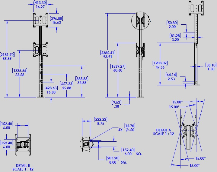 Technical Drawing for Chief PFB2UB Back-to-Back Flat Panel Bolt-Down Floor Stand
