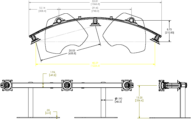 Technical Drawing for Chief KTP325 Widescreen Triple Horizontal Table Stand