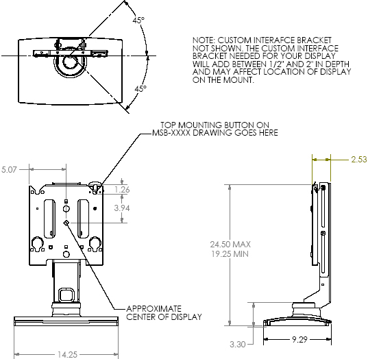 Technical Drawing for Chief MSS6000 Medium Swivel Table Stand (without interface)