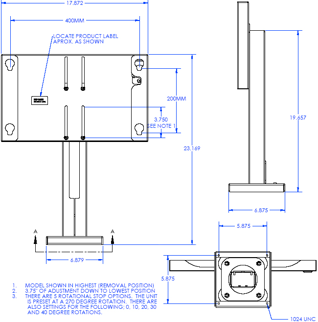 Technical Drawing of Chief MTSAVB or MTSAVS Medium Security Bolt Down Table Stand