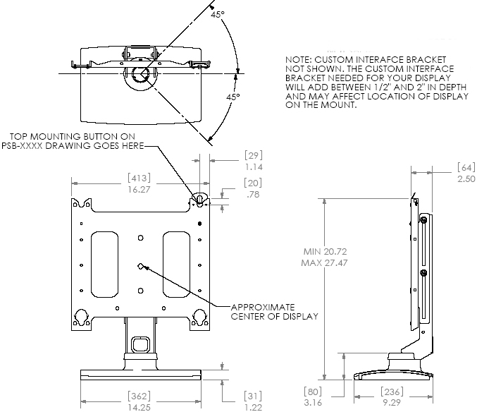 Technical Drawing of Chief PSS2000 Large Swivel Table Stand (without interface)
