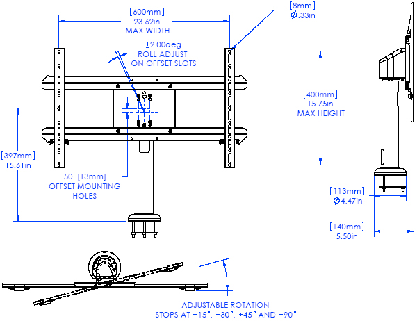 Technical Drawing for Chief STLU Medium Secure Bolt Down Table Stand (32-52