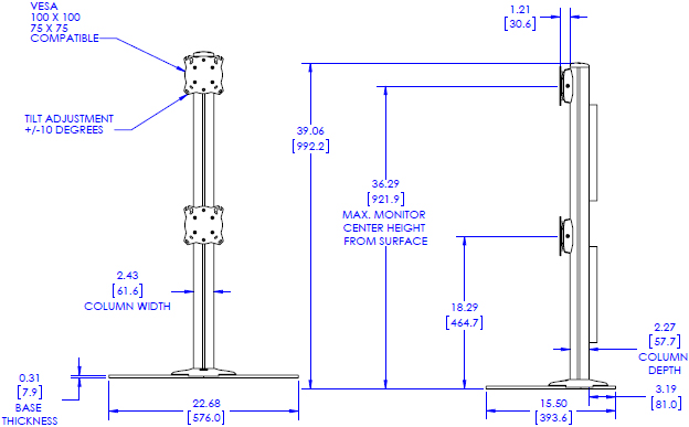 Technical Drawing for Chief K3F120B or K3F120S KONTOUR K3 Free Standing 1x2 Array