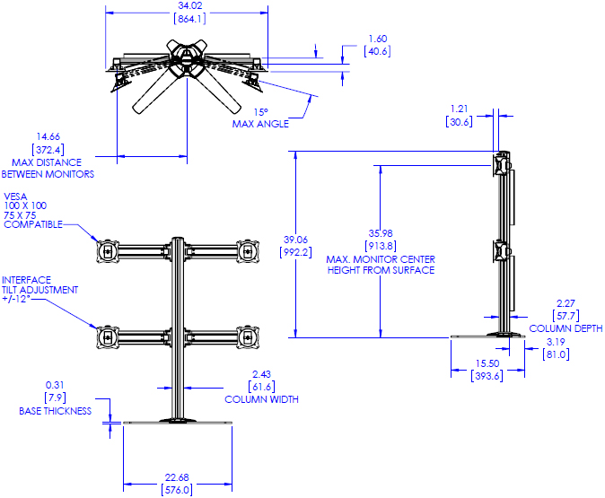 Technical Drawing for Chief K3F220B or K3F220S KONTOUR K3 Free Standing 2x2 Array