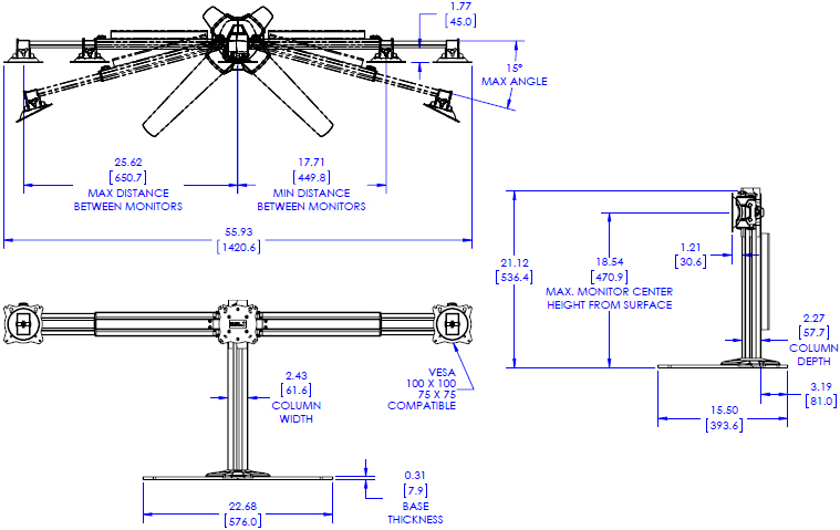 Technical Drawing for Chief K3F310B or K3F310S KONTOUR K3 Free Standing 3x1/2x1 Array