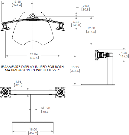 Technical Drawing for Chief KTP220S or KTP220B Dual Monitor Desk Stand - Horizontal