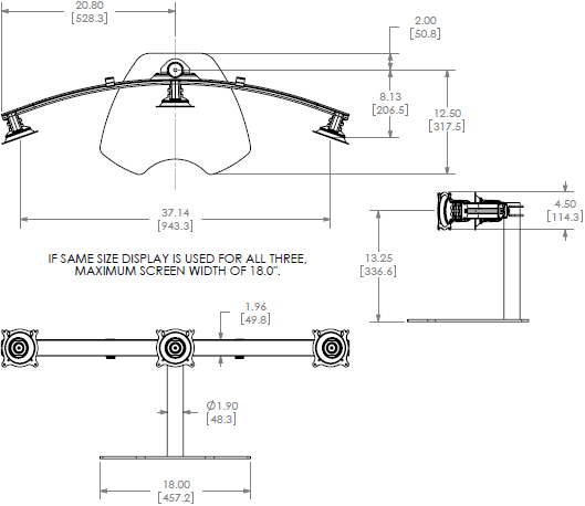 Technical Drawing for Chief KTP320B or KTP320S Triple Horizontal Table Stand