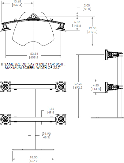 Technical Drawing for Chief Quad Monitor Table Stand KTP440B or KTP440S