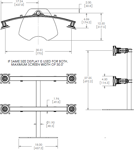 Technical Drawing for Chief Widescreen Quad Monitor Table Stand KTP445B or KTP445S