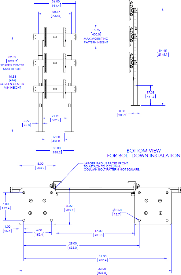 Technical Drawing for Chief LBM1X3U FUSION 1X3 Large Bolt-Down Freestanding Video Wall