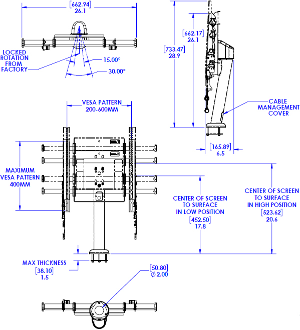 Technical Drawing for Chief LDB1U Large Fusion Flat Panel Bolt-Down Table Stand