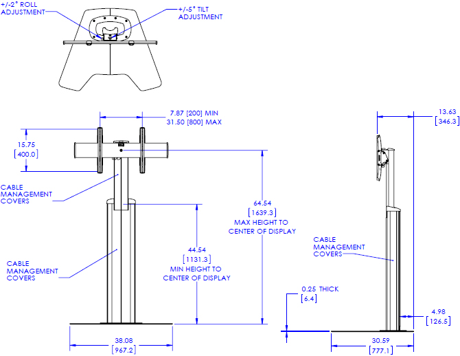 Technical Drawing for Chief LFAUB or LFAUS Large FUSION Height Adjustable Floor Stand