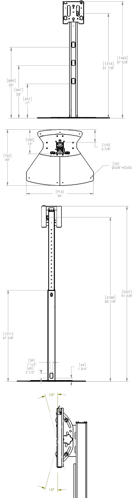 Technical Drawing for Chief MF1US Floor Stand Mount