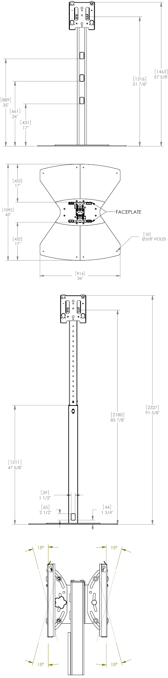 Technical Drawing for Chief MF2 series Dual Displays Floor Stand Mount