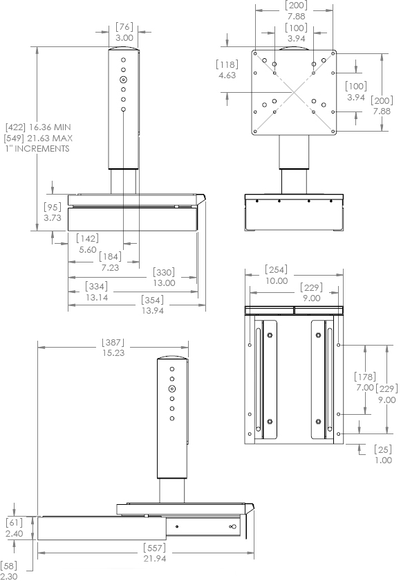 Technical Drawing for Chief MPOV Table Stand Universal Pull-Out Swivel Mount