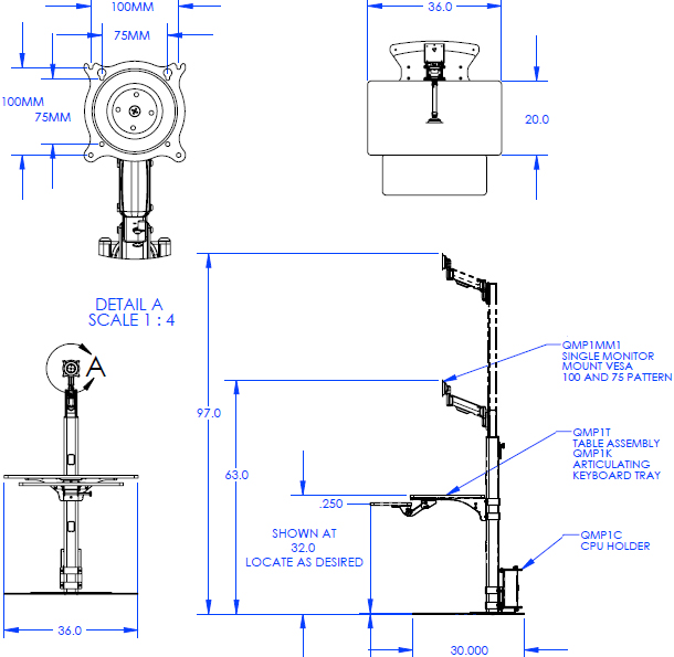 Technical Drawing for Chief QMP1PK2B Pre-Configured Fixed Base Workstation