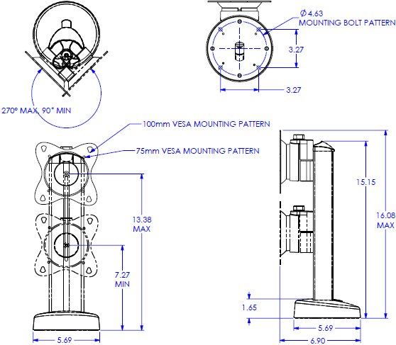 Technical Drawing for Chief STS1 Small Height Adjustable Secure Bolt Down Table Stand
